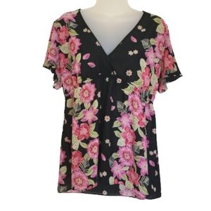 Oscar de la Renta Pink Label Size Medium Floral Georgette Blouse Top Pin…